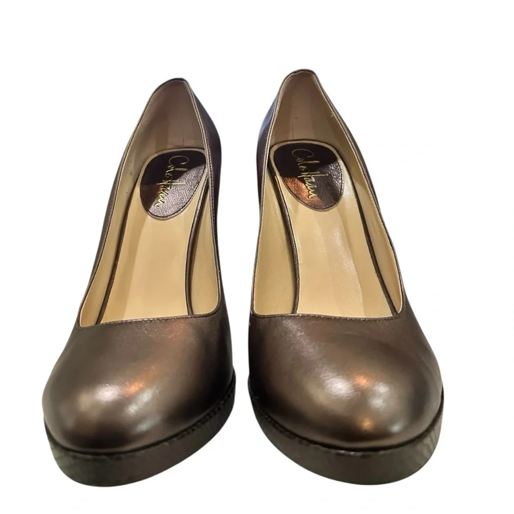Cole Haan Brown Leather Platform Pumps Size 8.5B Block Heel Career Classic